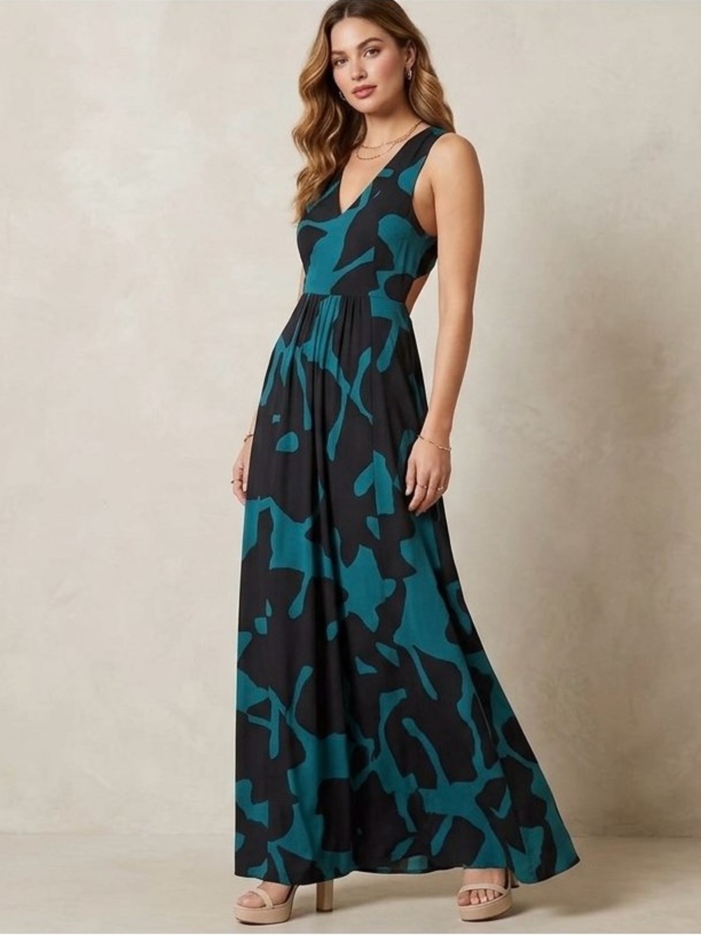 Anthropologie Teal and Black V-Neck Patterned Maxi Dress